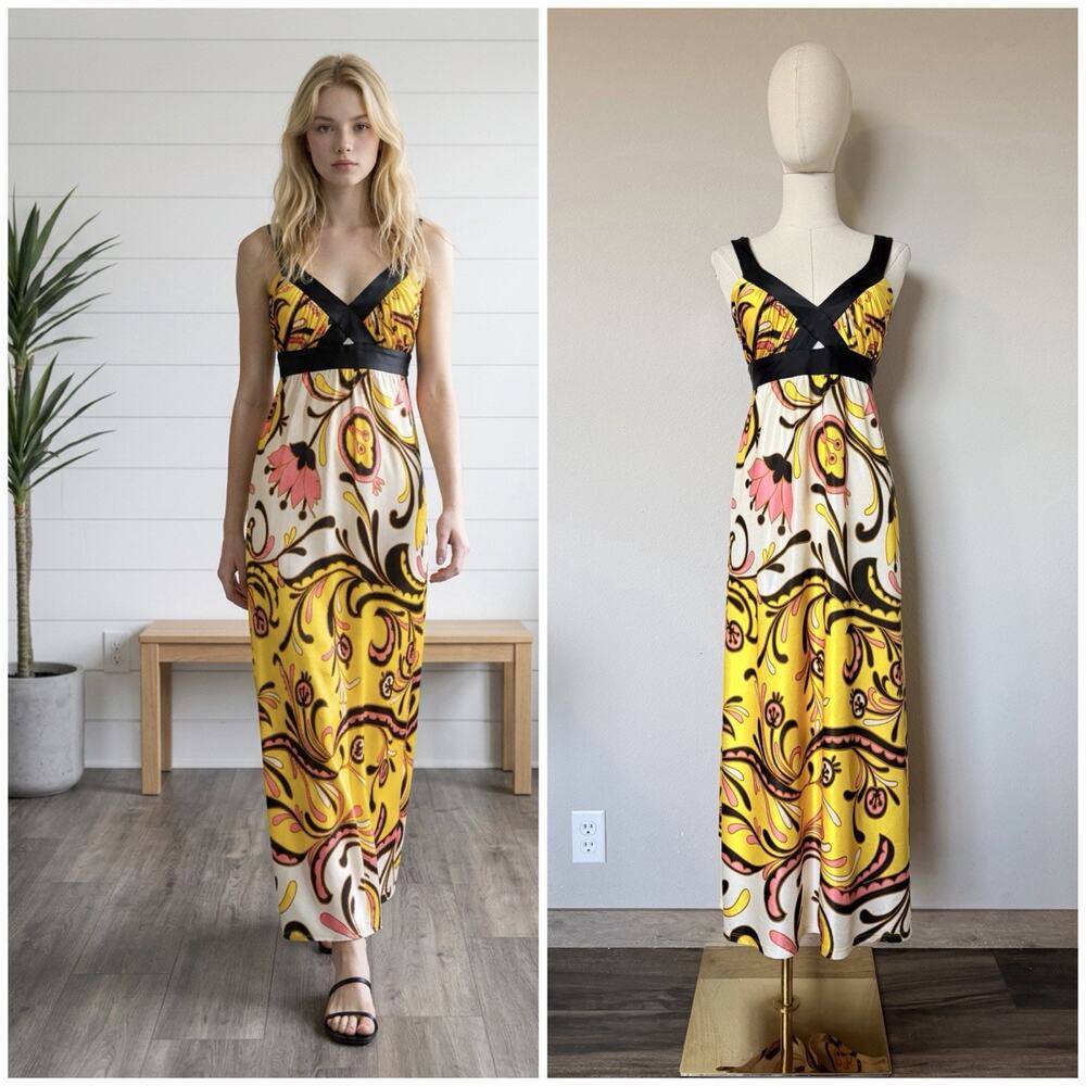 VTG Betsey Johnson Y2K Silk Blend Floral Yellow Pink Lily Flower Midi Dress Sz 8